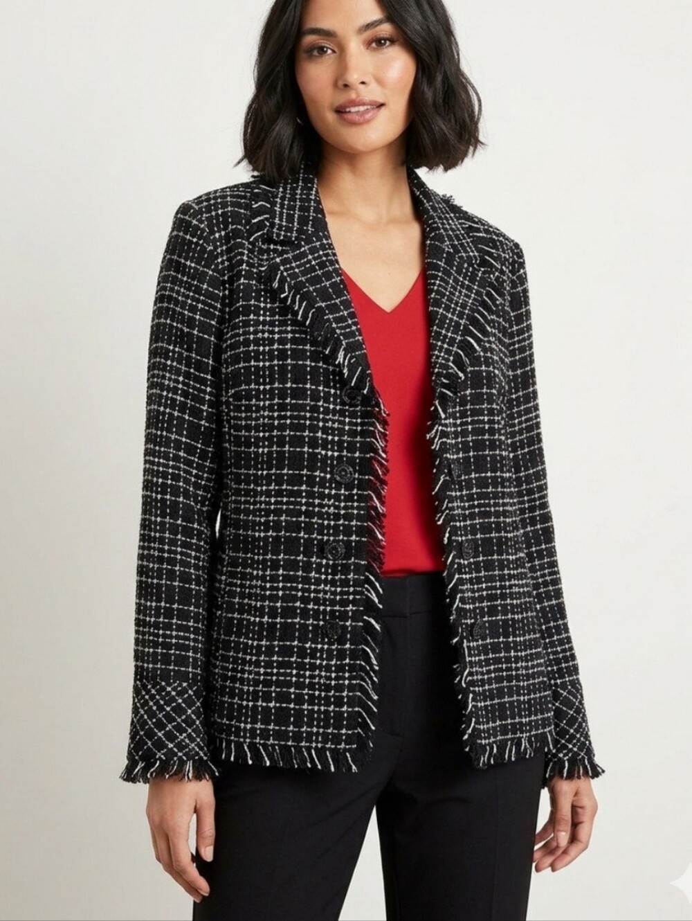 Apparenza Black White Tweed Frayed Hem Blazer Jacket Large Preppy Office